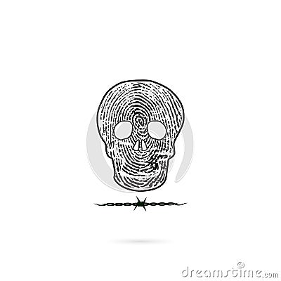 Human skull silhouettes with fingerprint and barbed wire icon. Vector Illustration