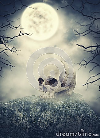 Human skull on stone against spooky sky. Halloween scene Stock Photo