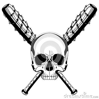 A human skull and two crossed baseball bats covered with barbed wire Vector Illustration