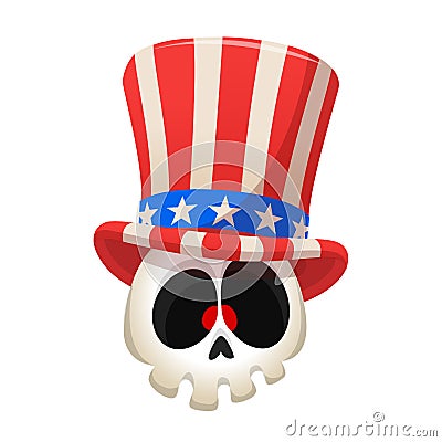 Human skull wearing Uncle Sam hat on white background. Cartoon illustration mascot for American Independence Day. 4th of july. Vector Illustration