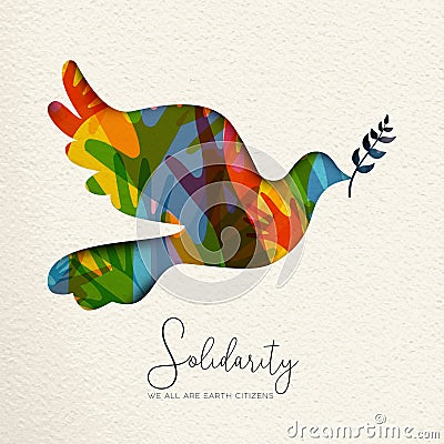 Human Solidarity card of bird and diverse hands Vector Illustration