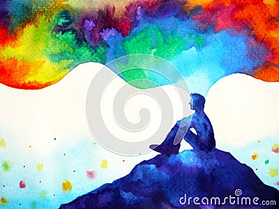 Human and spirit powerful energy connect to the universe power abstract art watercolor painting illustration design hand drawing Cartoon Illustration