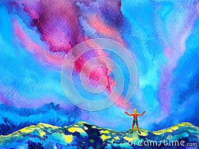 Human and spirit powerful energy connect to the universe power Cartoon Illustration