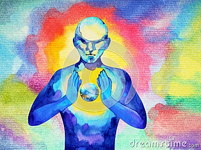 Human and spirit powerful energy connect to the world universe power Cartoon Illustration