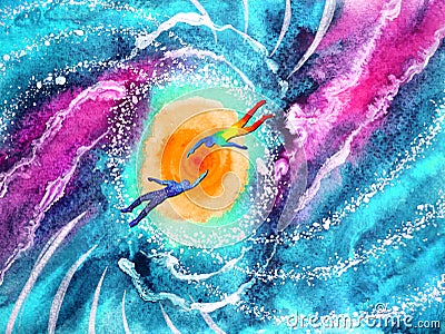 Human and spiritual powerful energy connect to another world universe Cartoon Illustration