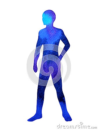 Human standing akimbo arm pose, abstract body watercolor painting Stock Photo