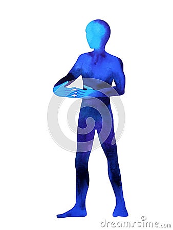 Human standing holding hug hand over pose, abstract body watercolor painting Stock Photo