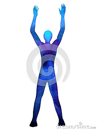 Human standing raise hands up power energy pose, abstract body Stock Photo