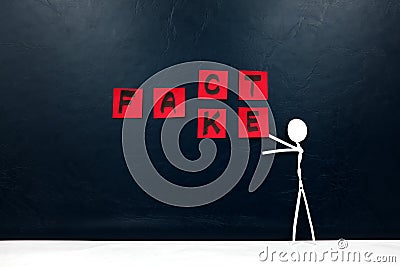 Human stick figure changing word fact to fake. Facts versus false news concept. Stock Photo