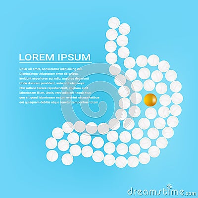 Human Stomach With Pills Isolated On A Background Realistic Vector Illustration. Medical concept created by pills. Vector Illustration