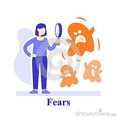 Human subconscious fears, woman and magnifying glass, understand feelings, phobia concept, negative thinking Vector Illustration