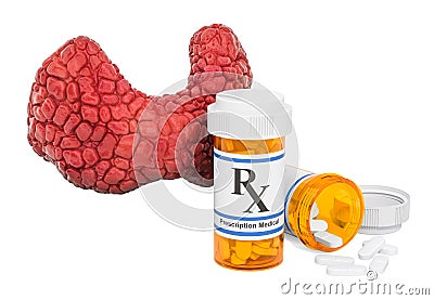 Human thyroid with medical bottles and pills, 3D rendering Stock Photo