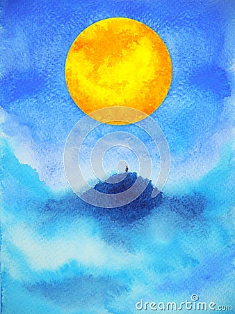 Human on top mountain abstract spiritual mind power full moon watercolor painting illustration design Cartoon Illustration