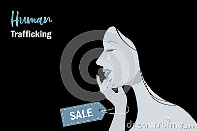 Human Trafficking, prostitution and violence against woman concept. Abused woman crying hopeless with sale tag label on hand Stock Photo