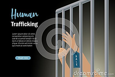 Human Trafficking and human rights concept. Hands with sale label tag imprisonment in jail bars asking hopeless for help Stock Photo