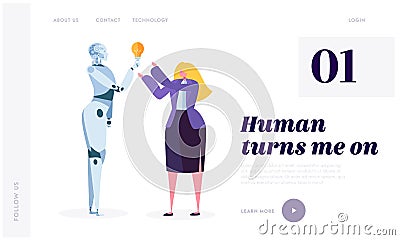 Human Turn on Robot Landing Page. Development Robotic is Future of World. Artificial Intelligence, Machine Learning Vector Illustration