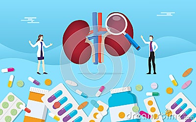 Human two kidney medicine health pills drug capsule treatment with doctor analysis - Cartoon Illustration