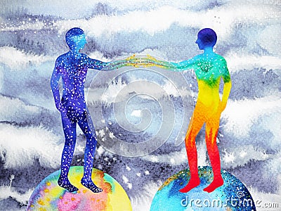 Human and universe power, watercolor painting, chakra reiki, mastermind world universe inside your mind Stock Photo