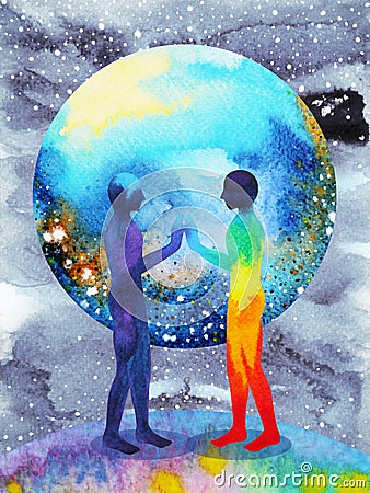 Human and universe power, watercolor painting, chakra reiki, world universe inside your mind Stock Photo