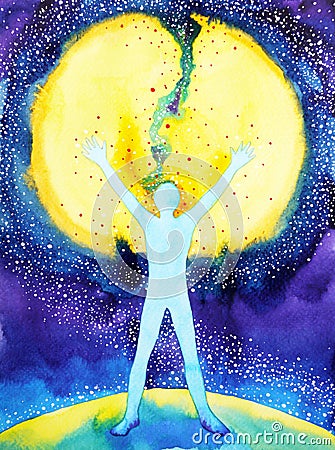 Human and universe power, watercolor painting, 7 of chakra yoga reiki Stock Photo