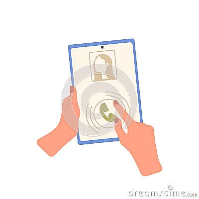 Human user hands holding portable digital tablet pc with incoming video call on display screen Vector Illustration