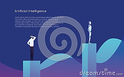 Human versus Artificial Intelligence vector concept. AI bot superior to businessman. Symbol of technology advance Vector Illustration