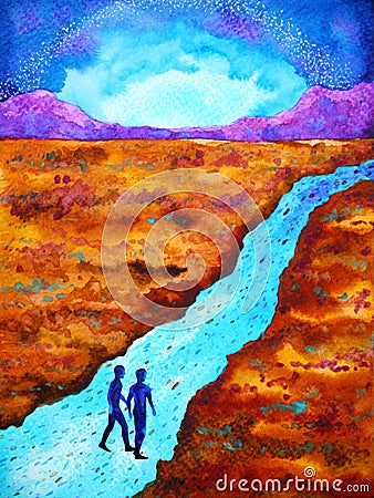 Human walking abstract mind spiritual way watercolor painting art illustration design hand drawing Cartoon Illustration