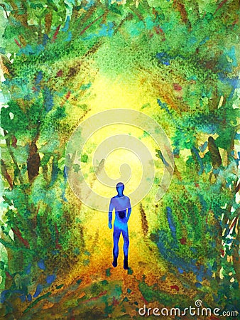 Human walking forest way abstract watercolor painting illustration hand drawing Cartoon Illustration