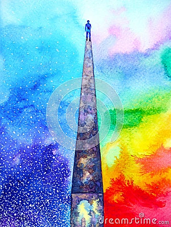 Human walking on high wall with spirit powerful energy connect to the universe power abstract art watercolor painting illustration Cartoon Illustration