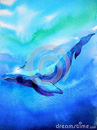 Human and whale diving swimming underwater together watercolor Cartoon Illustration