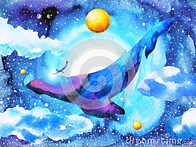 Human and whale in the universe mind spiritual abstract watercolor painting illustration design Cartoon Illustration