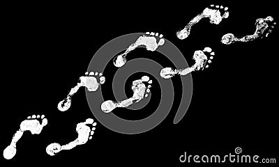 Human white footprints way black background isolated, barefoot person foot print pattern, walking path, footsteps silhouette Cartoon Illustration