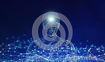 Human. Wireframe model with connection lines on blue background Cartoon Illustration