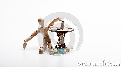 Human wooden dummy near table with medicines. Tips tackling complex medication regimen. Take medicines after food Stock Photo