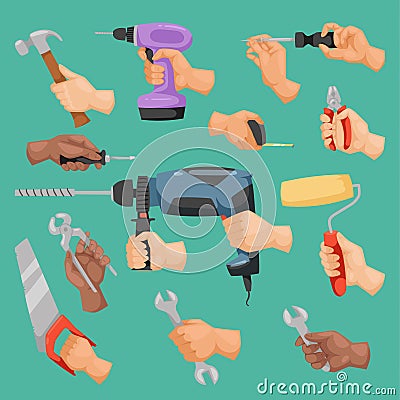 Human worker hands holding construction repair instrument tools vector cartoon style Vector Illustration