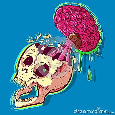 Human zombie skull with a pink brain sticking out of his head and melting. Hip hop wall art and tattoo inspired by graffiti for Ha Vector Illustration