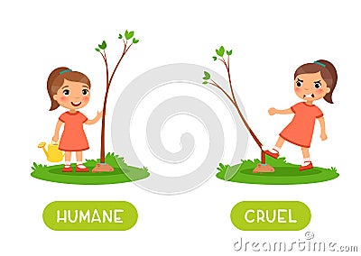 Humane and cruel antonyms word card vector template. Opposites concept Vector Illustration