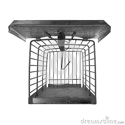 Humane type mousetrap, front view looking inside, isolated on white. Trap not set. Stock Photo