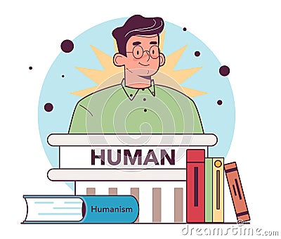 Humanism. Philosophical stance focusing on the individual and social agency Cartoon Illustration