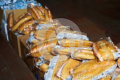 Humanitarian aid warehouse in ukrainian volunteer centre, boxes with bread Editorial Stock Photo