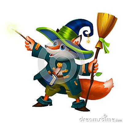 Humanized animal character of Fox Wizard makes magic with a magic wand Stock Photo