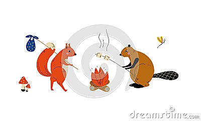 Humanized Animal Characters Having Camping Adventure Frying Marshmallow Vector Set Vector Illustration