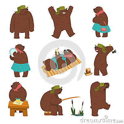 Humanized bear characters set, male and female brown bears wearing human clothes in different situations cartoon vector Vector Illustration