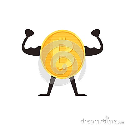 Humanized bitcoin character showing biceps muscles. Shiny golden coin with hands and legs. Strong digital currency. Flat Vector Illustration