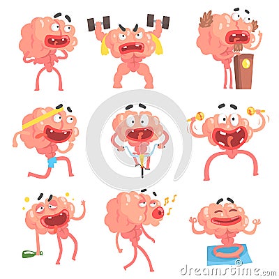 Humanized Brain Cartoon Character With Arms And Legs Funny Life Scenes And Emotions Collection Of Illustrations Vector Illustration