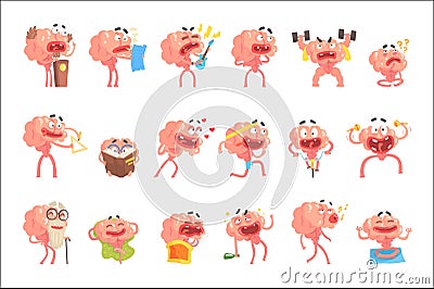 Humanized Brain Cartoon Character With Arms And Legs Funny Life Scenes And Emotions Set Of Illustrations Vector Illustration