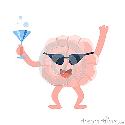 Humanized Brain At The Party Having A Drink And Partying Hard, Intellect Human Organ Cartoon Character Emoji Icon Vector Illustration