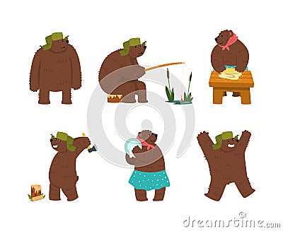 Humanized Brown Bear Character in Hat with Earflaps Chopping Wood, Washing Dishes and Fishing Vector Set Vector Illustration