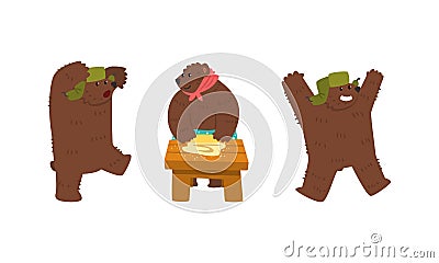 Humanized Brown Bear Character in Hat with Earflaps Walking and Rolling Dough Vector Set Vector Illustration