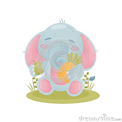 Humanized cute baby elephant holding fruit in his hands. Vector illustration on white background. Vector Illustration